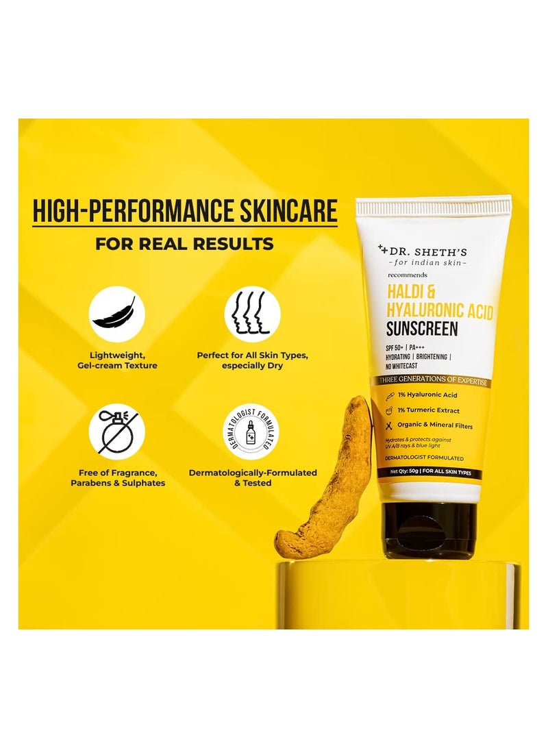 Dr. Sheth's Haldi & Hyaluronic Acid Sunscreen with 1% Hyaluronic Acid & 1% Turmeric Extract | Spf 50+ | PA+++ | Hydrating & Brightening For Women & Men -50g