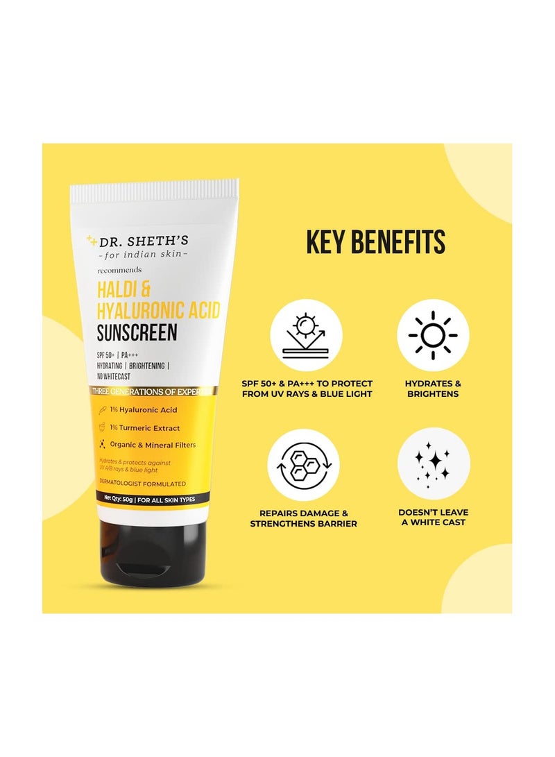 Dr. Sheth's Haldi & Hyaluronic Acid Sunscreen with 1% Hyaluronic Acid & 1% Turmeric Extract | Spf 50+ | PA+++ | Hydrating & Brightening For Women & Men -50g