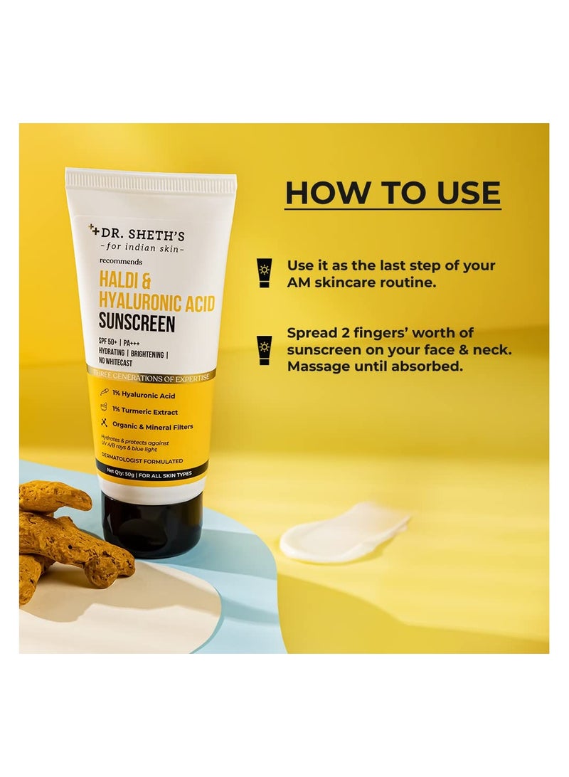Dr. Sheth's Haldi & Hyaluronic Acid Sunscreen with 1% Hyaluronic Acid & 1% Turmeric Extract | Spf 50+ | PA+++ | Hydrating & Brightening For Women & Men -50g