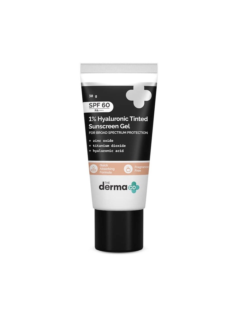 The Derma Co 1% Hyaluronic Tinted Sunscreen For All Skin Types Spf 60 Gel, Pa++++, No White Cast, Lightweight, Broad Spectrum Protection - 30G, Pack Of 1