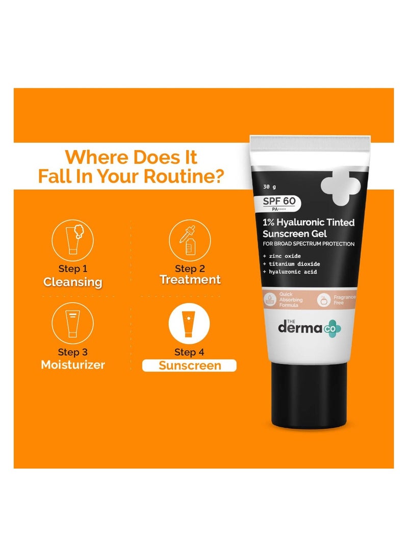 The Derma Co 1% Hyaluronic Tinted Sunscreen For All Skin Types Spf 60 Gel, Pa++++, No White Cast, Lightweight, Broad Spectrum Protection - 30G, Pack Of 1