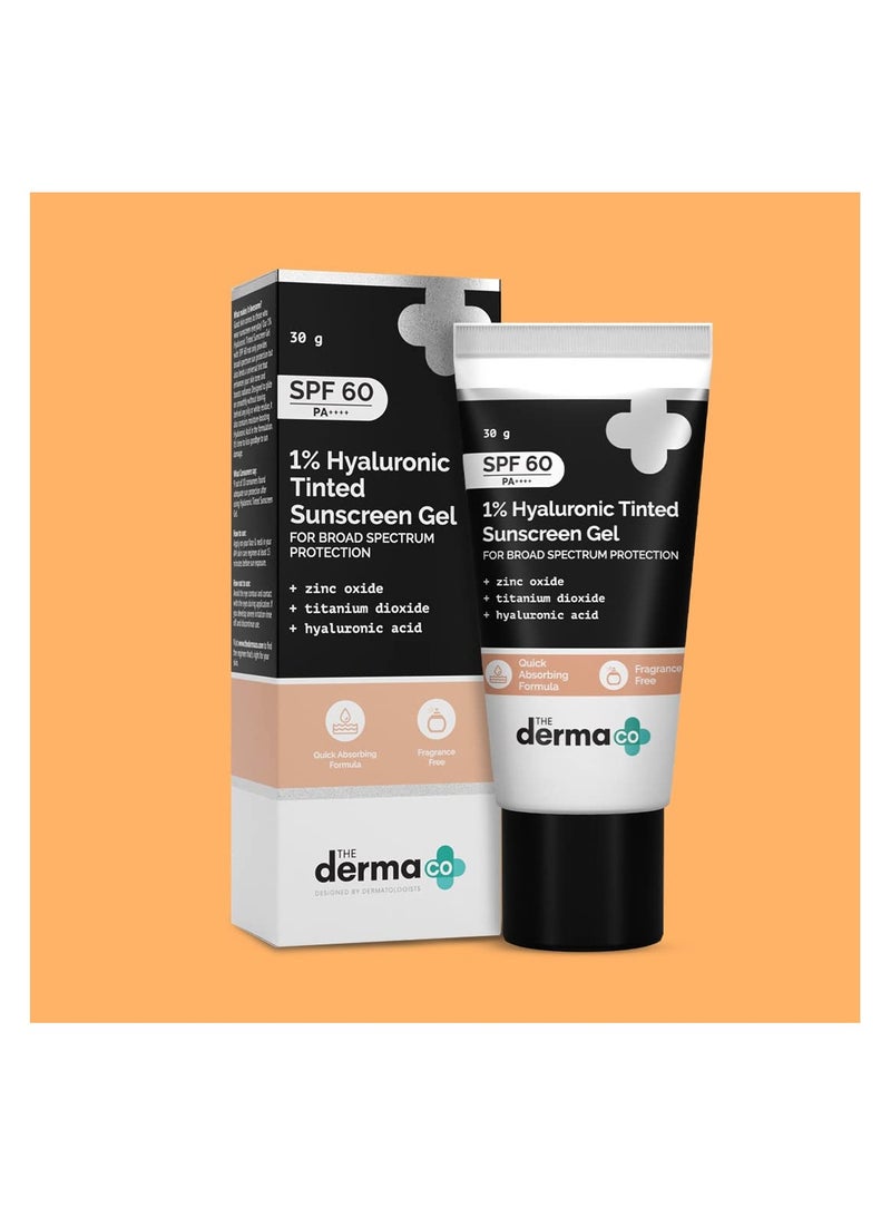 The Derma Co 1% Hyaluronic Tinted Sunscreen For All Skin Types Spf 60 Gel, Pa++++, No White Cast, Lightweight, Broad Spectrum Protection - 30G, Pack Of 1