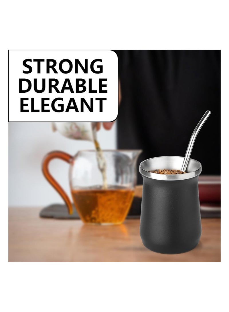 Yerba Mate Cup Stainless Steel Mate Cup And Bombilla Set 8oz Yerba Mate Gourd Double Walled Tea Cup With Straw Black Include Cleaning Brush