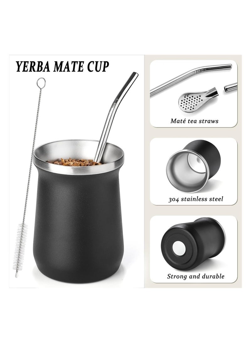 Yerba Mate Cup Stainless Steel Mate Cup And Bombilla Set 8oz Yerba Mate Gourd Double Walled Tea Cup With Straw Black Include Cleaning Brush