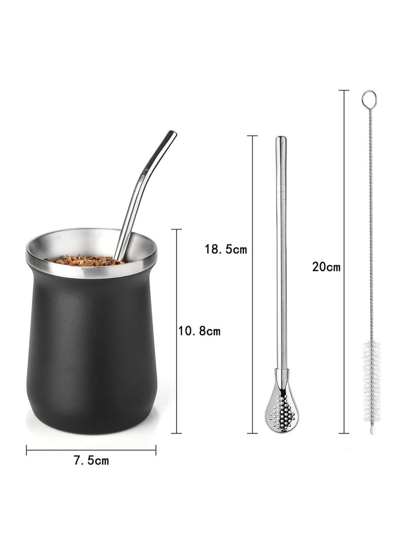 Yerba Mate Cup Stainless Steel Mate Cup And Bombilla Set 8oz Yerba Mate Gourd Double Walled Tea Cup With Straw Black Include Cleaning Brush