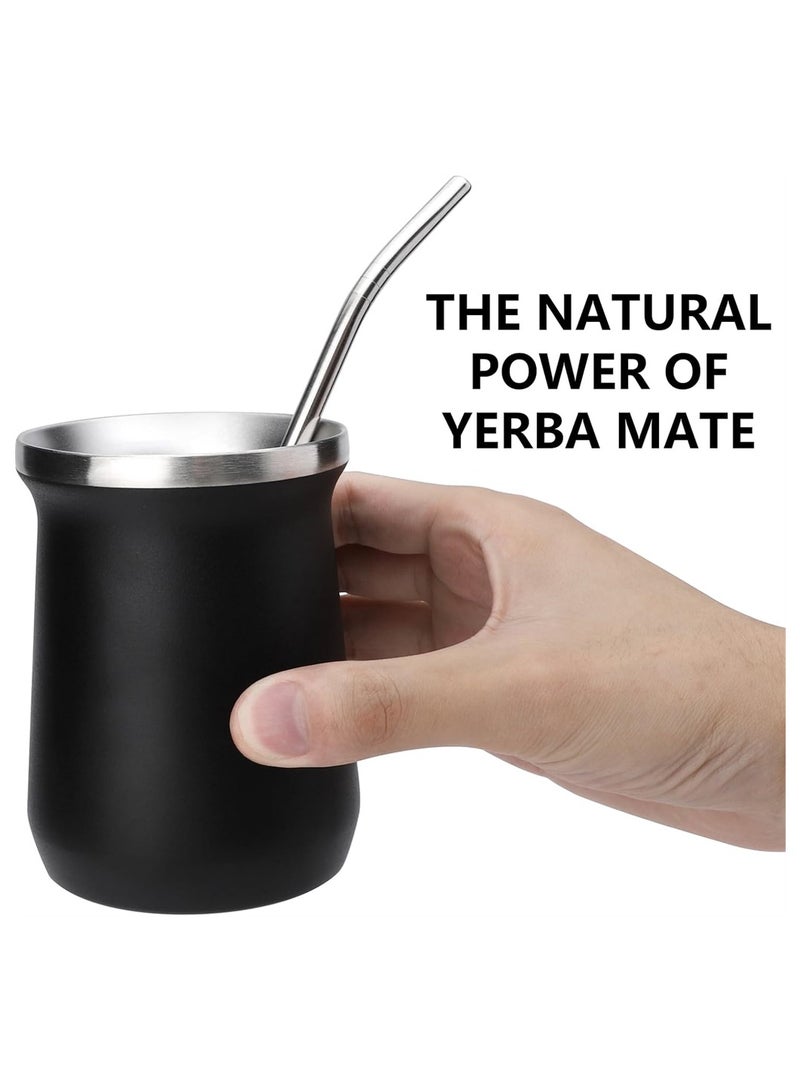 Yerba Mate Cup Stainless Steel Mate Cup And Bombilla Set 8oz Yerba Mate Gourd Double Walled Tea Cup With Straw Black Include Cleaning Brush