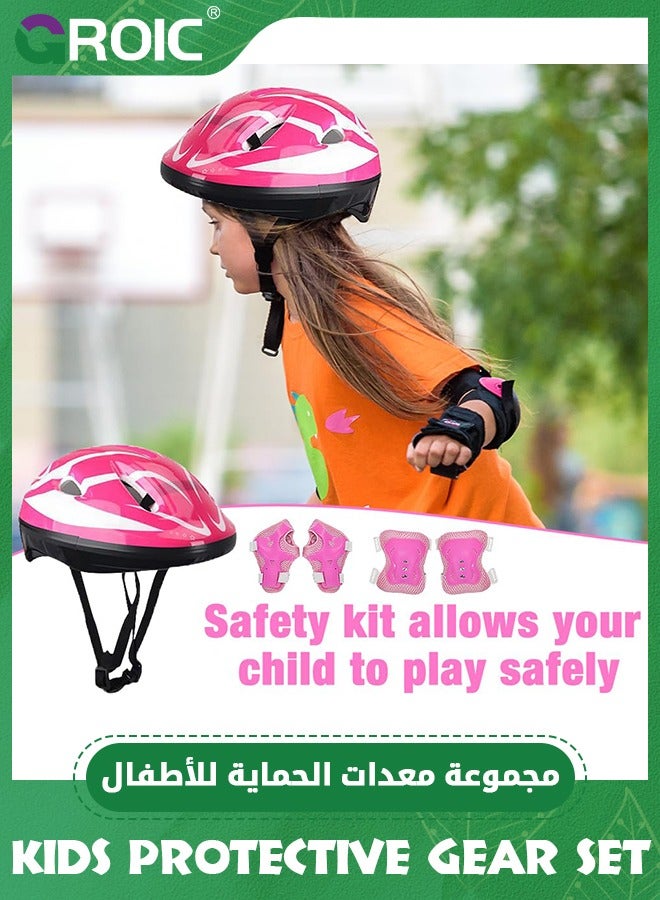 Kids Protective Gear Adjustable Protective Helmet,Kids Helmet Knee Elbow Pads Wrist Guard Sport Protective Gear Adjustable Scooter Skateboard Roller Bike Skate Cycling Safety Set(Pink)