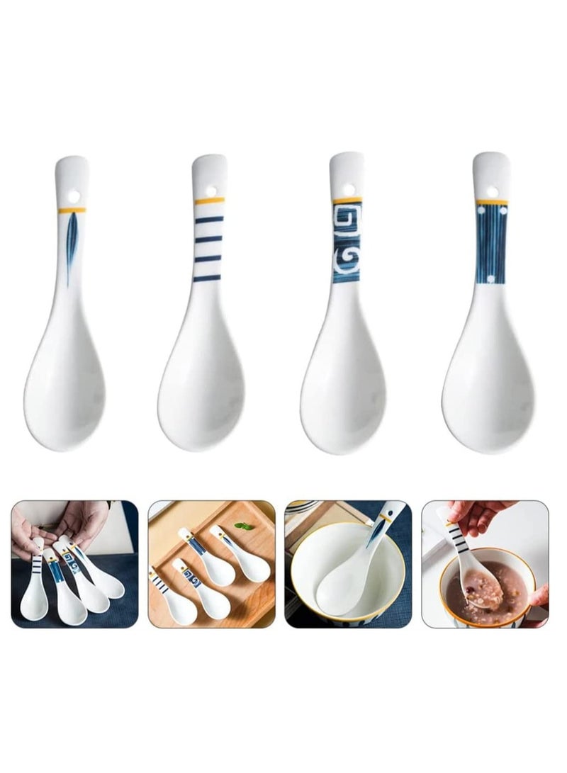 Ceramic Porcelain Soup Spoons, 4 Pcs Asian Style Spoons for Ramen, Wonton, Dumpling, and Dessert, Perfect for Kitchen Tableware, Japanese Chinese Design, Dishwasher Safe, White