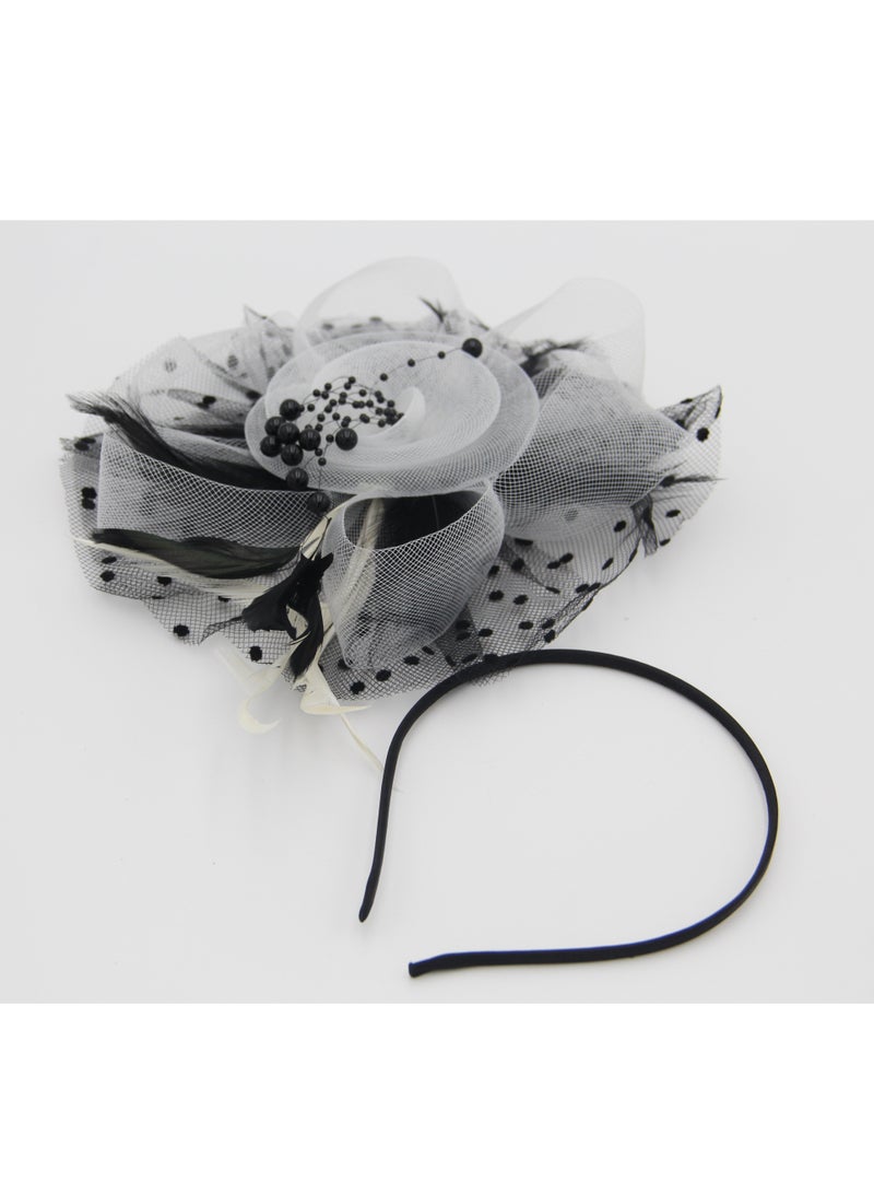 Ddaniela Monalisa Fascinator Hats for Women Tea Party Headband,  Hat Flower Mesh Ribbons Feathers on a Headband and a Clip Tea Party Headwear for Girls and Women White and Black