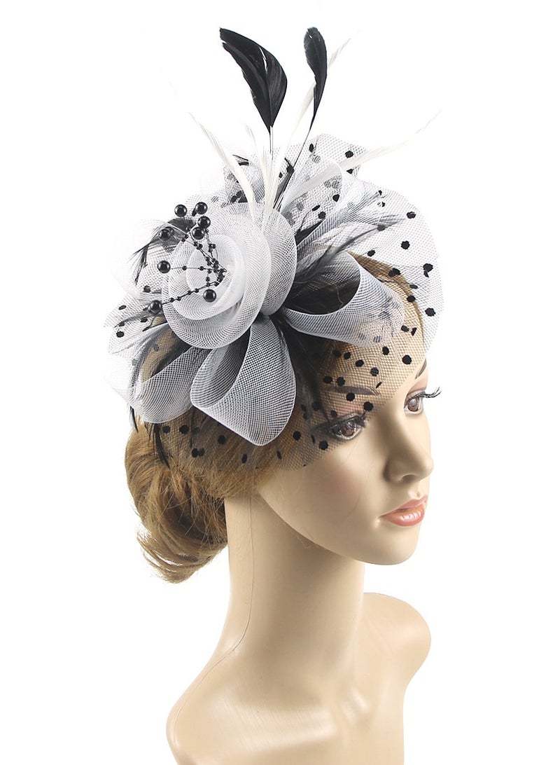 Ddaniela Monalisa Fascinator Hats for Women Tea Party Headband,  Hat Flower Mesh Ribbons Feathers on a Headband and a Clip Tea Party Headwear for Girls and Women White and Black