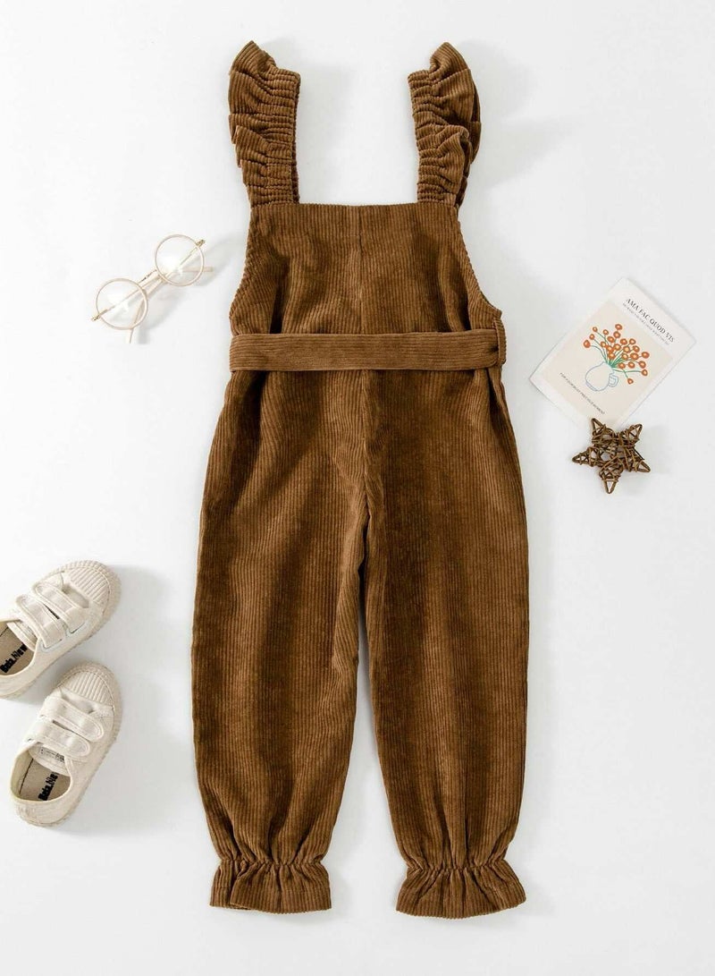 Toddler Girls Ruffle Trim Belted Corduroy Overall Jumpsuit