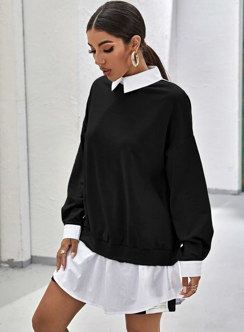 Drop Shoulder Contrast Collar Ruffle Hem 2 In 1 Pullover