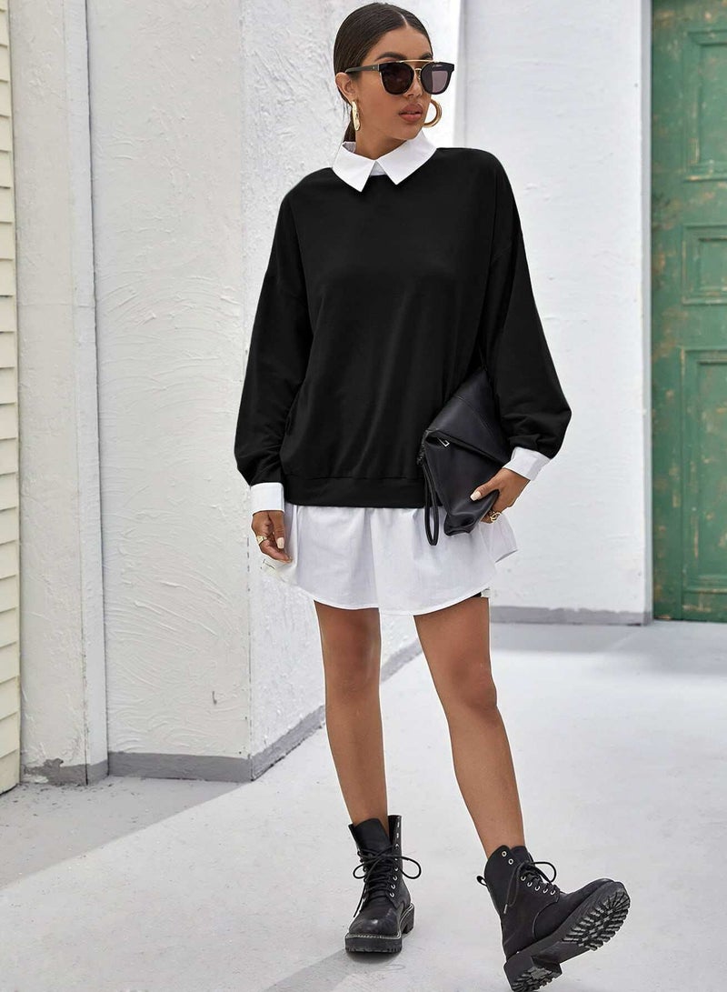 Drop Shoulder Contrast Collar Ruffle Hem 2 In 1 Pullover