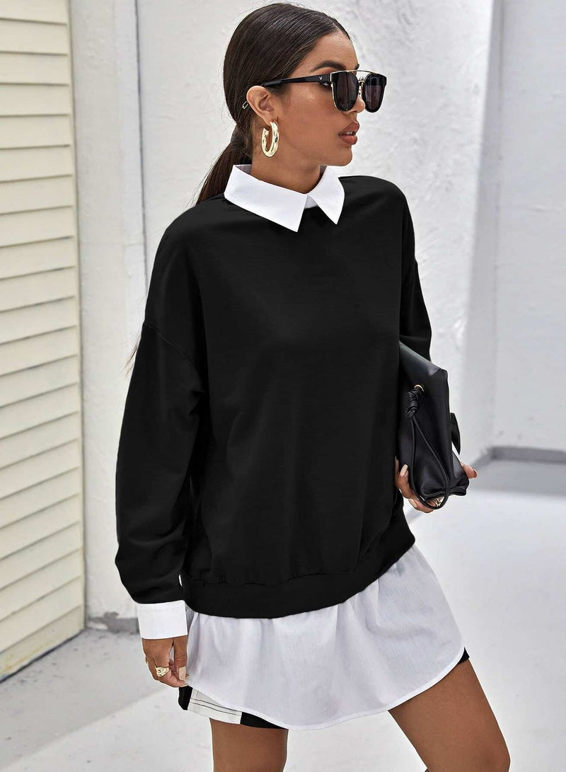 Drop Shoulder Contrast Collar Ruffle Hem 2 In 1 Pullover