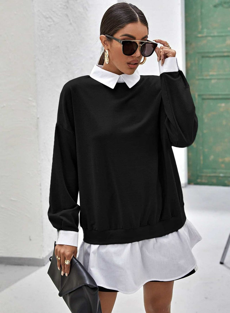 Drop Shoulder Contrast Collar Ruffle Hem 2 In 1 Pullover