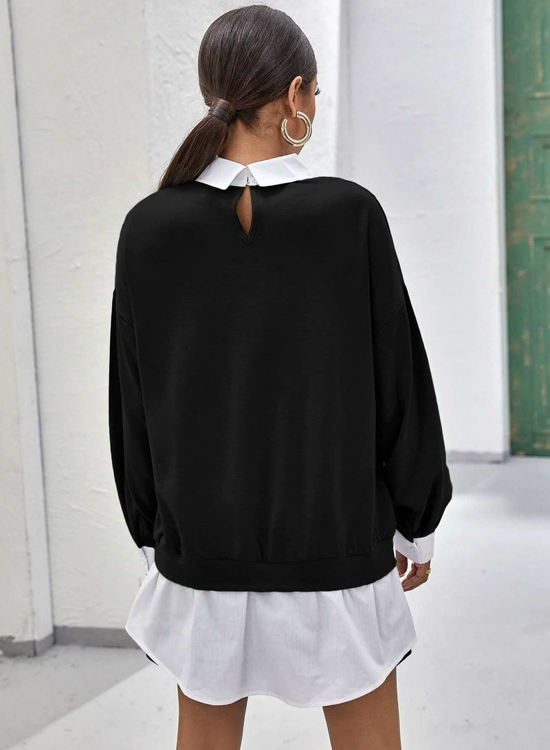 Drop Shoulder Contrast Collar Ruffle Hem 2 In 1 Pullover