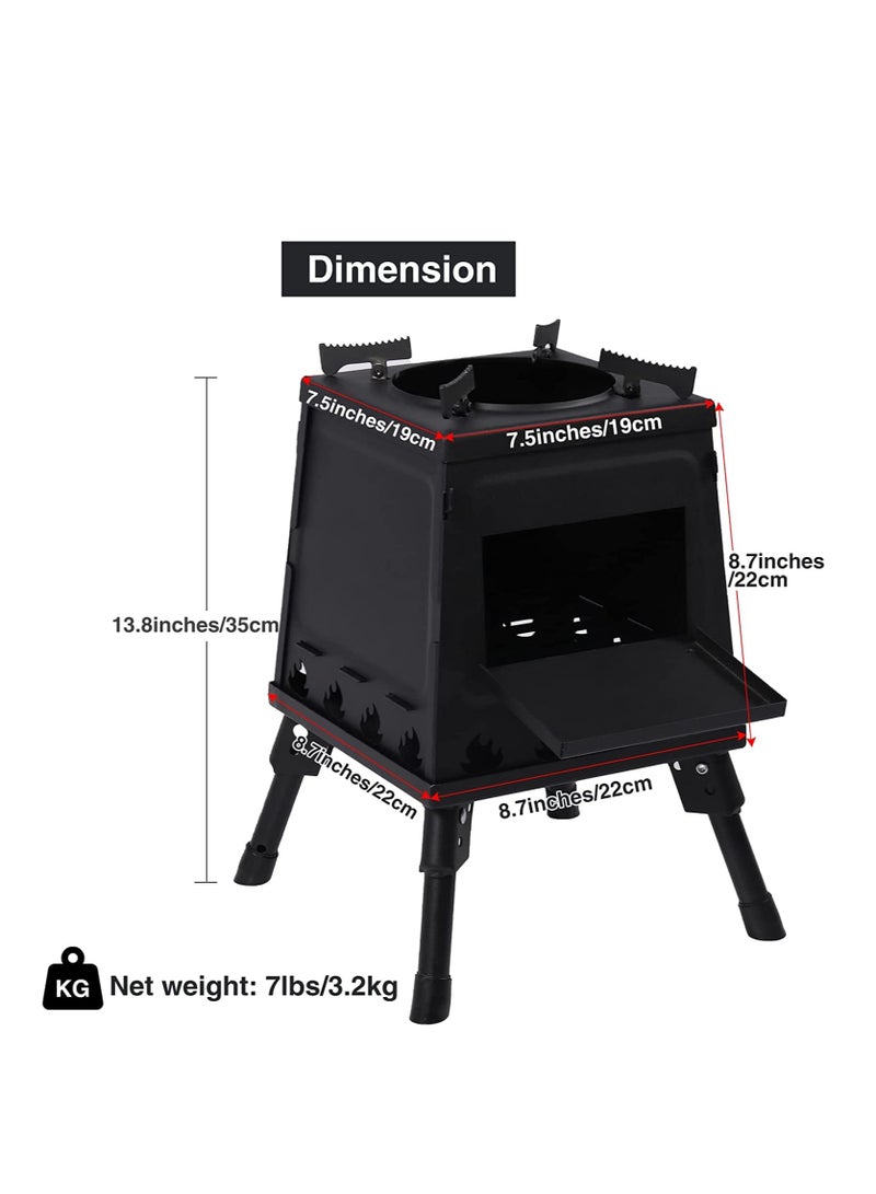 Burning Camp Stove, Folding Cast Iron Camping Wood Stove with Carrying Case Portable for Backpacking Outdoor Cooking BBQ, Black, Small