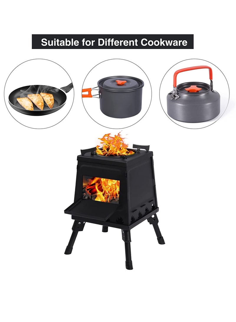 Burning Camp Stove, Folding Cast Iron Camping Wood Stove with Carrying Case Portable for Backpacking Outdoor Cooking BBQ, Black, Small