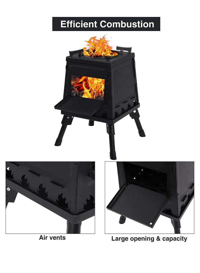 Burning Camp Stove, Folding Cast Iron Camping Wood Stove with Carrying Case Portable for Backpacking Outdoor Cooking BBQ, Black, Small