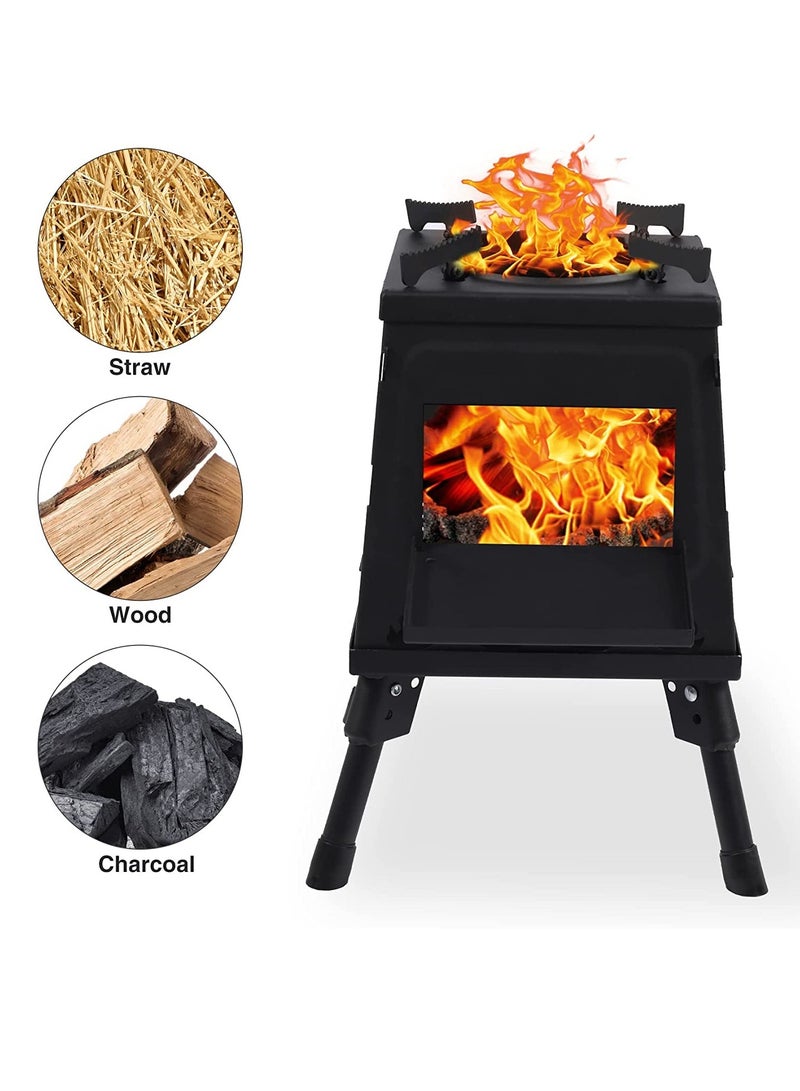 Burning Camp Stove, Folding Cast Iron Camping Wood Stove with Carrying Case Portable for Backpacking Outdoor Cooking BBQ, Black, Small
