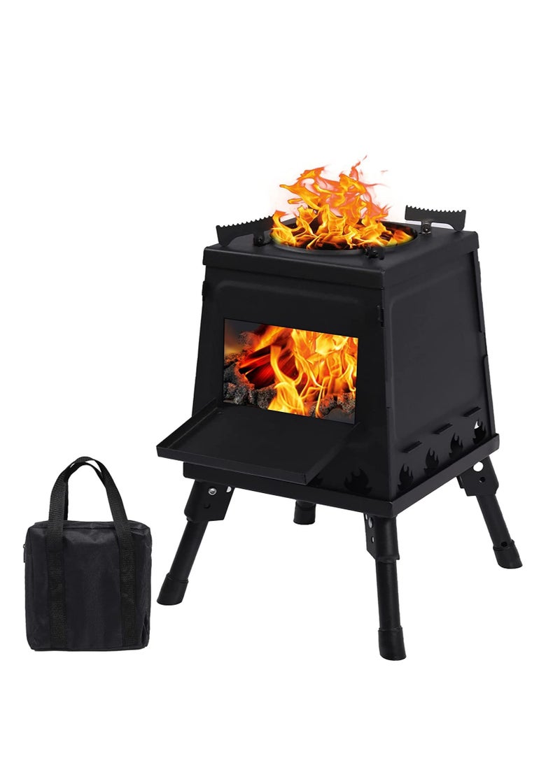 Burning Camp Stove, Folding Cast Iron Camping Wood Stove with Carrying Case Portable for Backpacking Outdoor Cooking BBQ, Black, Small