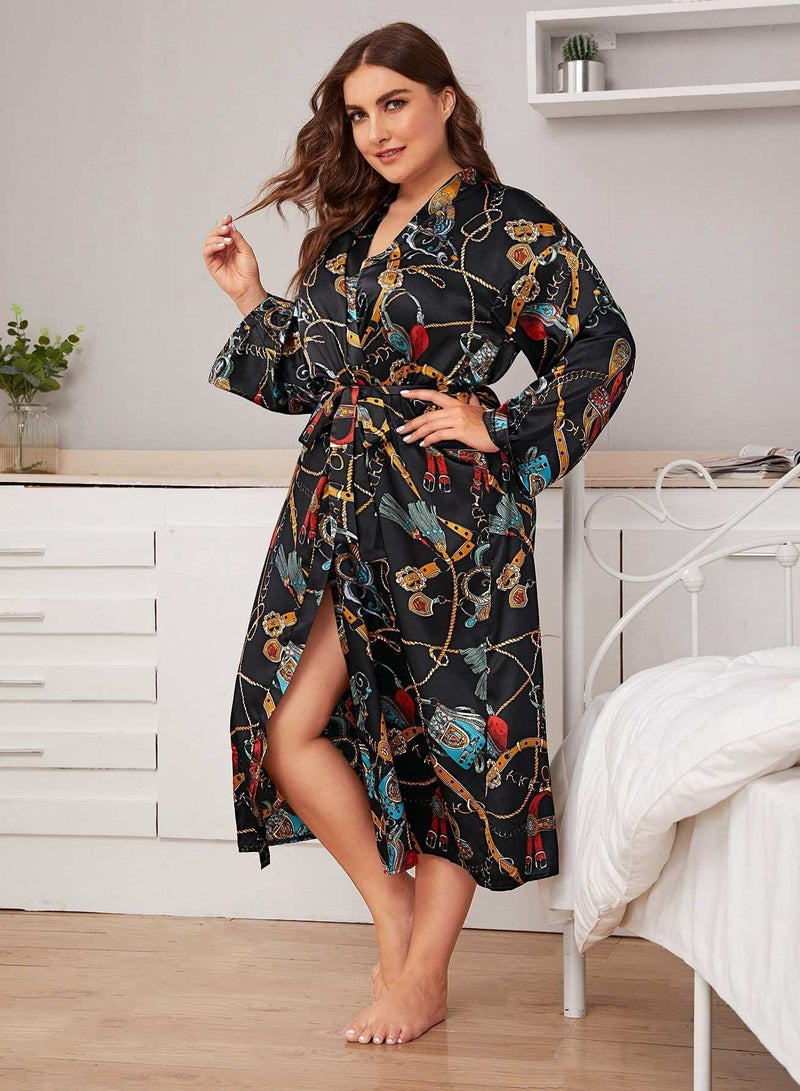 Plus Chain Print Belted Satin Robe