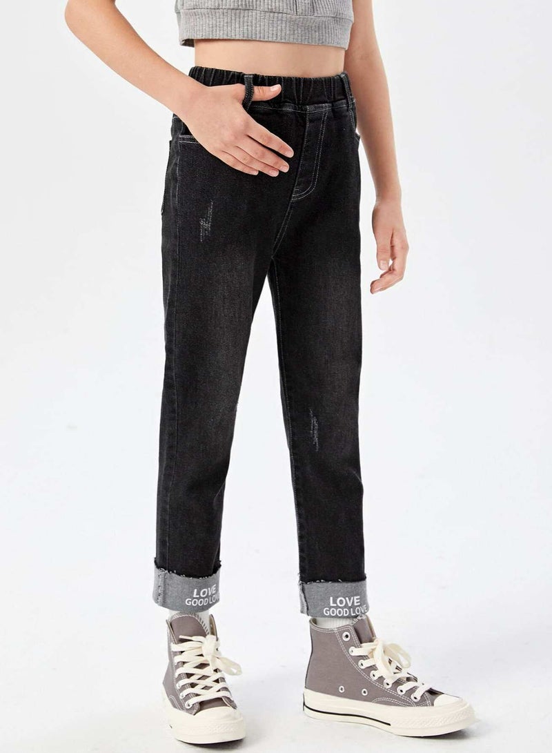 Girls Letter Print Pocket Detail Jeans