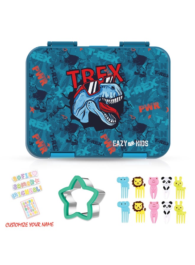 Eazy Kids 18Inch Set of 5 Trolley School Bag with Bento Lunch Box Tritan 420ml Water Bottle Lunch Bag and Pencil Case - TREX Dinosaur - Blue