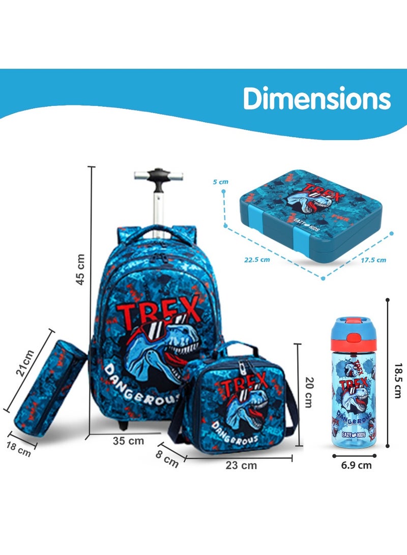 Eazy Kids 18Inch Set of 5 Trolley School Bag with Bento Lunch Box Tritan 420ml Water Bottle Lunch Bag and Pencil Case - TREX Dinosaur - Blue