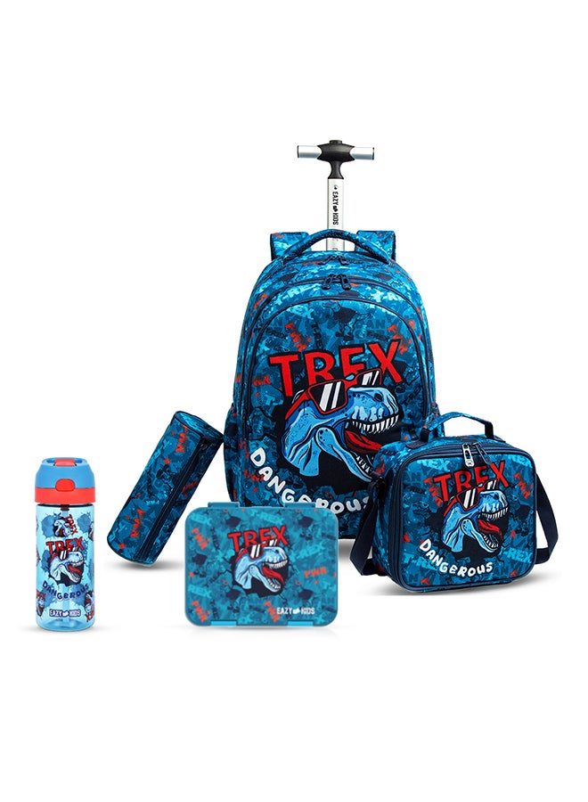 Eazy Kids 18Inch Set of 5 Trolley School Bag with Bento Lunch Box Tritan 420ml Water Bottle Lunch Bag and Pencil Case - TREX Dinosaur - Blue