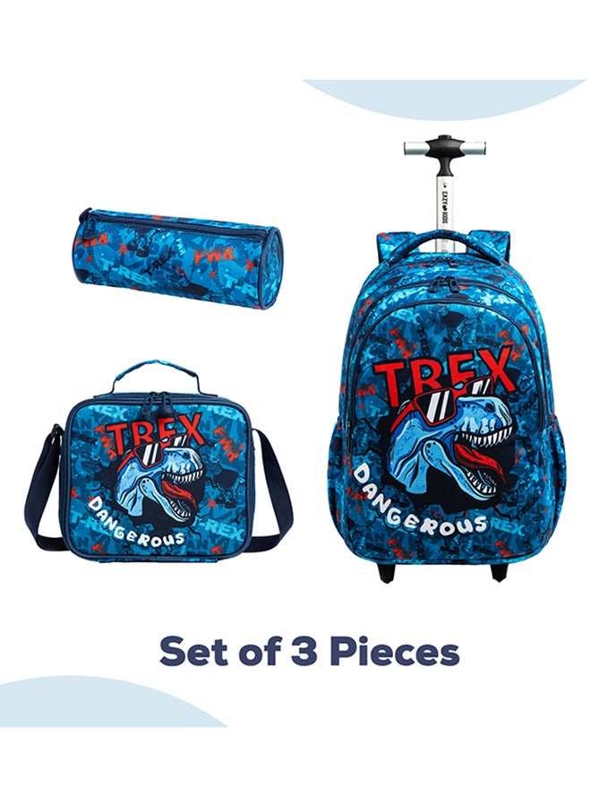 Eazy Kids 18Inch Set of 5 Trolley School Bag with Bento Lunch Box Tritan 420ml Water Bottle Lunch Bag and Pencil Case - TREX Dinosaur - Blue