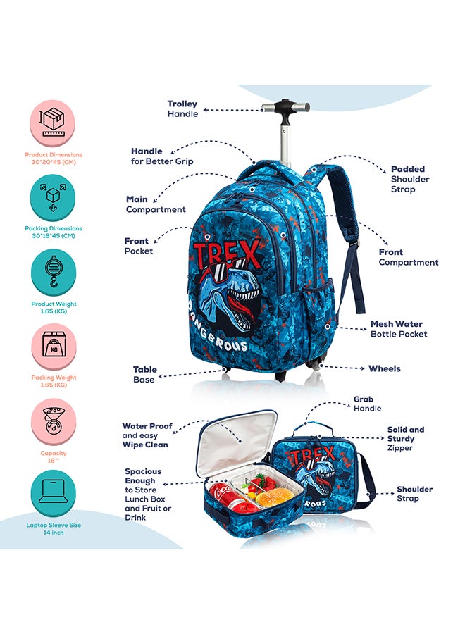 Eazy Kids 18Inch Set of 5 Trolley School Bag with Bento Lunch Box Tritan 420ml Water Bottle Lunch Bag and Pencil Case - TREX Dinosaur - Blue