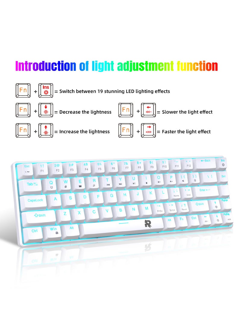 ROCK POW 60% Wired Mechanical Gaming Keyboard, 68keys Ice Blue Backlit Ultra-Compact Mini Keyboard, Mini Compact Keyboard for PC/Mac Gamer, Typist, Easy Carry on Trip Red Switch White