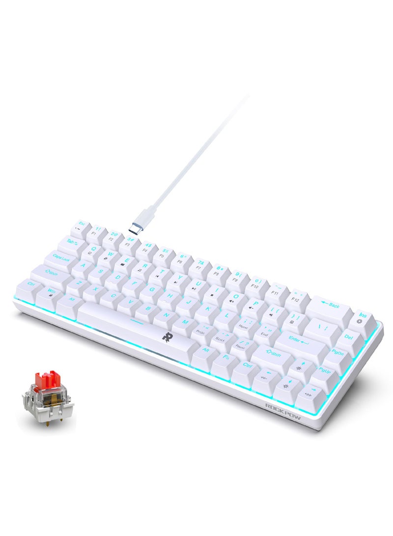 ROCK POW 60% Wired Mechanical Gaming Keyboard, 68keys Ice Blue Backlit Ultra-Compact Mini Keyboard, Mini Compact Keyboard for PC/Mac Gamer, Typist, Easy Carry on Trip Red Switch White