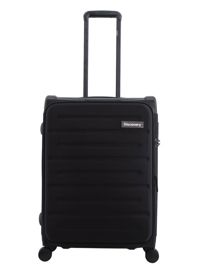 Discovery Motion PP and Polyester Medium Check-In Luggage Black, Durable Lightweight Unbreakable Suitcase, 4 Double Wheel With TSA Lock Trolley Bag (24 Inch).