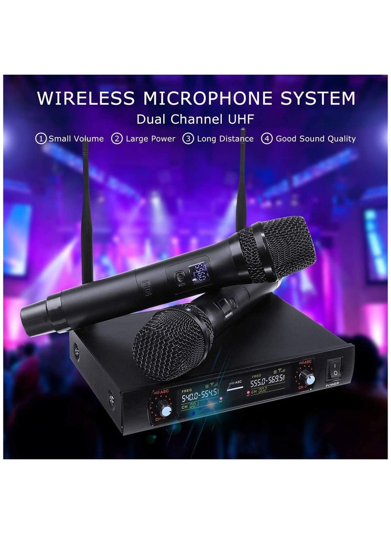 Wireless Microphone，Metal Professional Dual Channel Handheld Dynamic Mic System, for Karaoke, Party, DJ, Wedding, Meeting, Home KTV Set, Outdoor Events