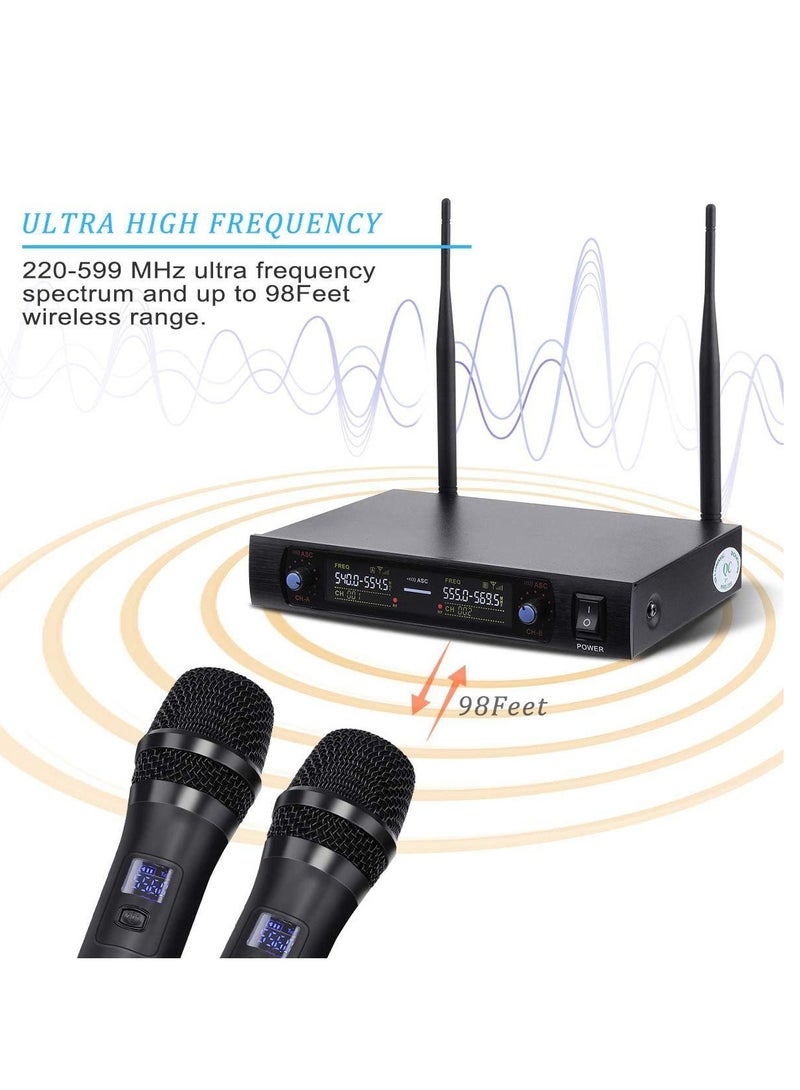 Wireless Microphone，Metal Professional Dual Channel Handheld Dynamic Mic System, for Karaoke, Party, DJ, Wedding, Meeting, Home KTV Set, Outdoor Events