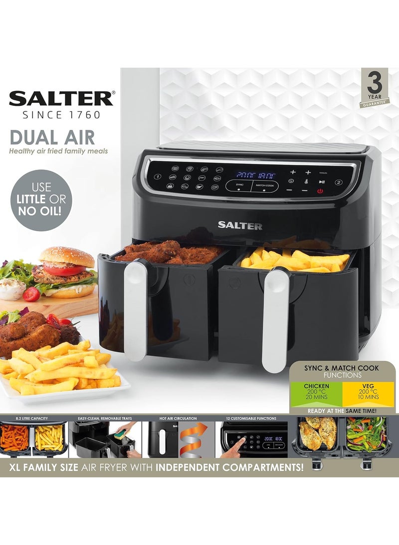 Salter Dual Air Fryer - Double Drawer, 2 Non-Stick Cooking Trays, Sync & Match Cook Function, Independent Cooking, 8.2L, Sensor Touch Display, 12 Presets, Oil Free, 2200W-2600W,