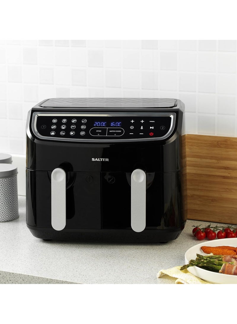Salter Dual Air Fryer - Double Drawer, 2 Non-Stick Cooking Trays, Sync & Match Cook Function, Independent Cooking, 8.2L, Sensor Touch Display, 12 Presets, Oil Free, 2200W-2600W,