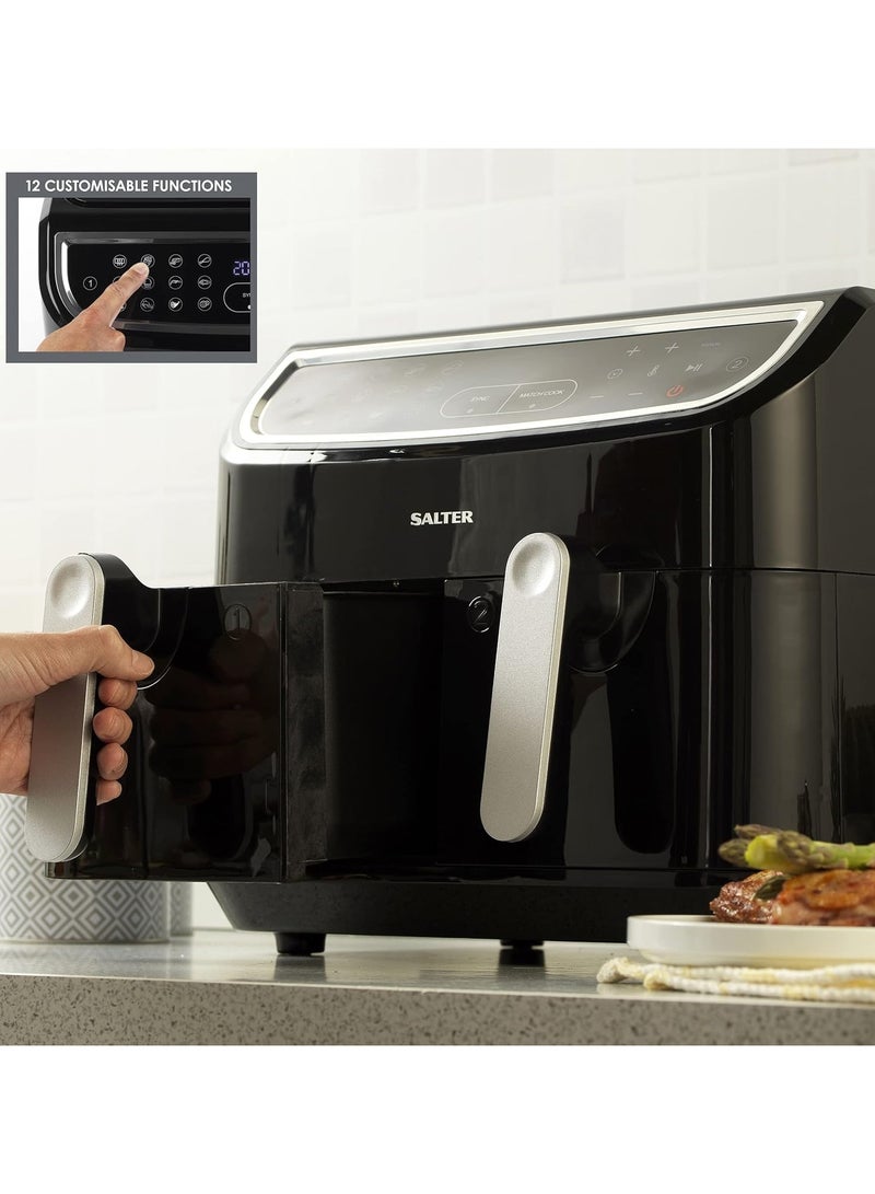 Salter Dual Air Fryer - Double Drawer, 2 Non-Stick Cooking Trays, Sync & Match Cook Function, Independent Cooking, 8.2L, Sensor Touch Display, 12 Presets, Oil Free, 2200W-2600W,