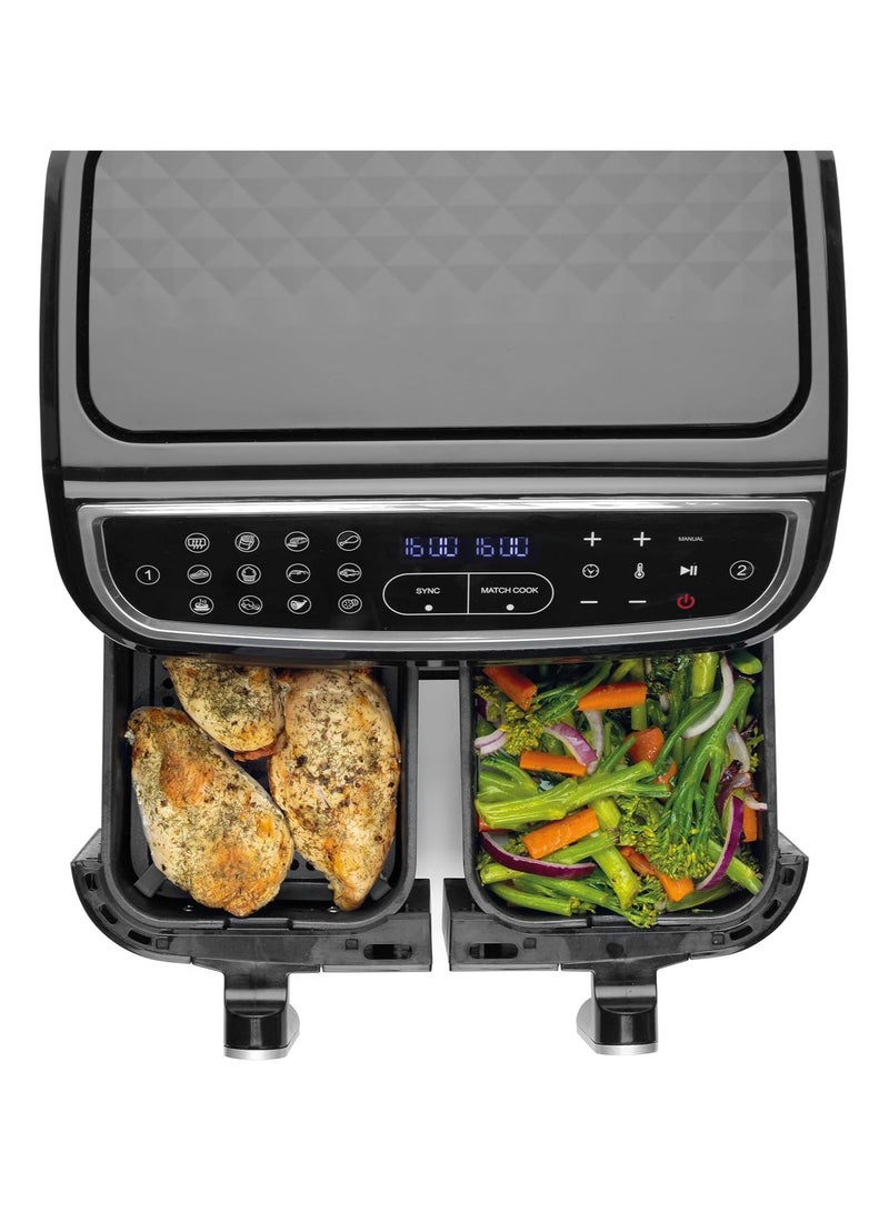 Salter Dual Air Fryer - Double Drawer, 2 Non-Stick Cooking Trays, Sync & Match Cook Function, Independent Cooking, 8.2L, Sensor Touch Display, 12 Presets, Oil Free, 2200W-2600W,