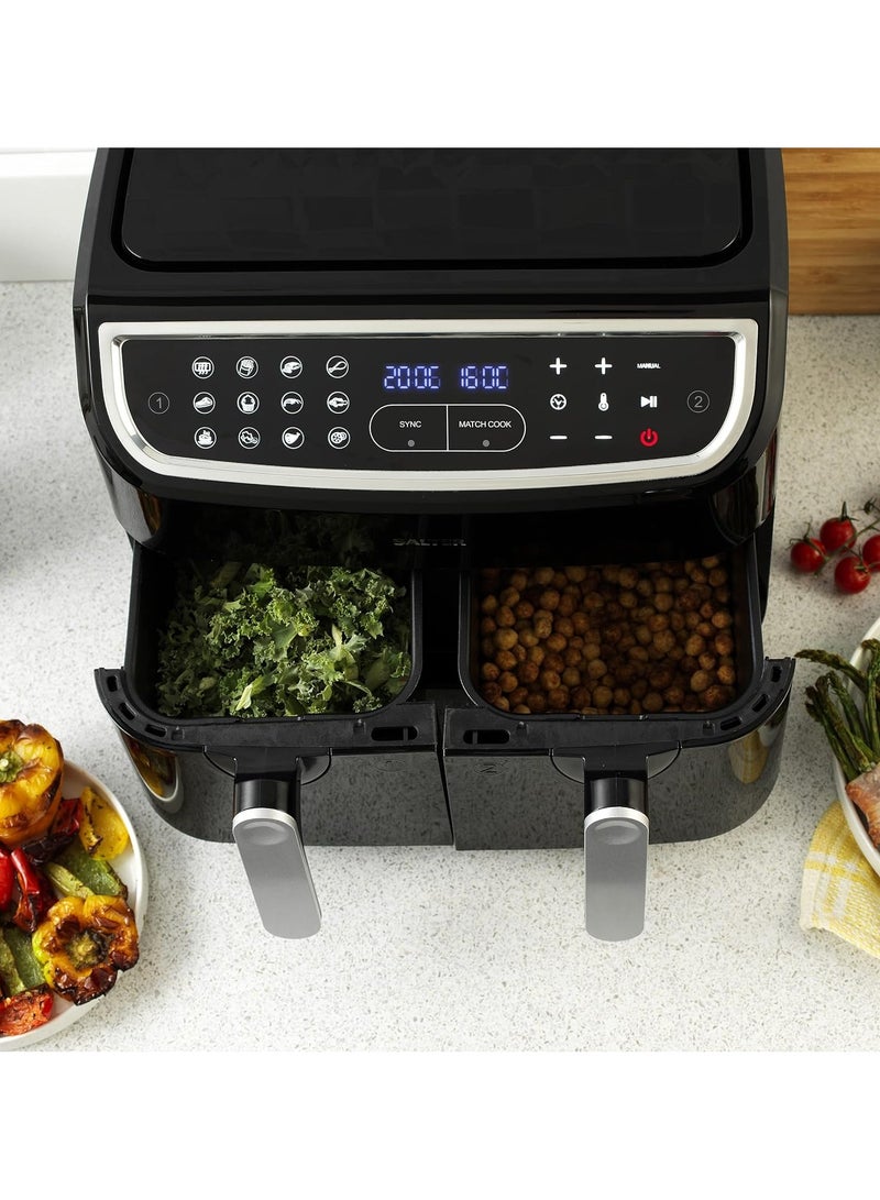 Salter Dual Air Fryer - Double Drawer, 2 Non-Stick Cooking Trays, Sync & Match Cook Function, Independent Cooking, 8.2L, Sensor Touch Display, 12 Presets, Oil Free, 2200W-2600W,