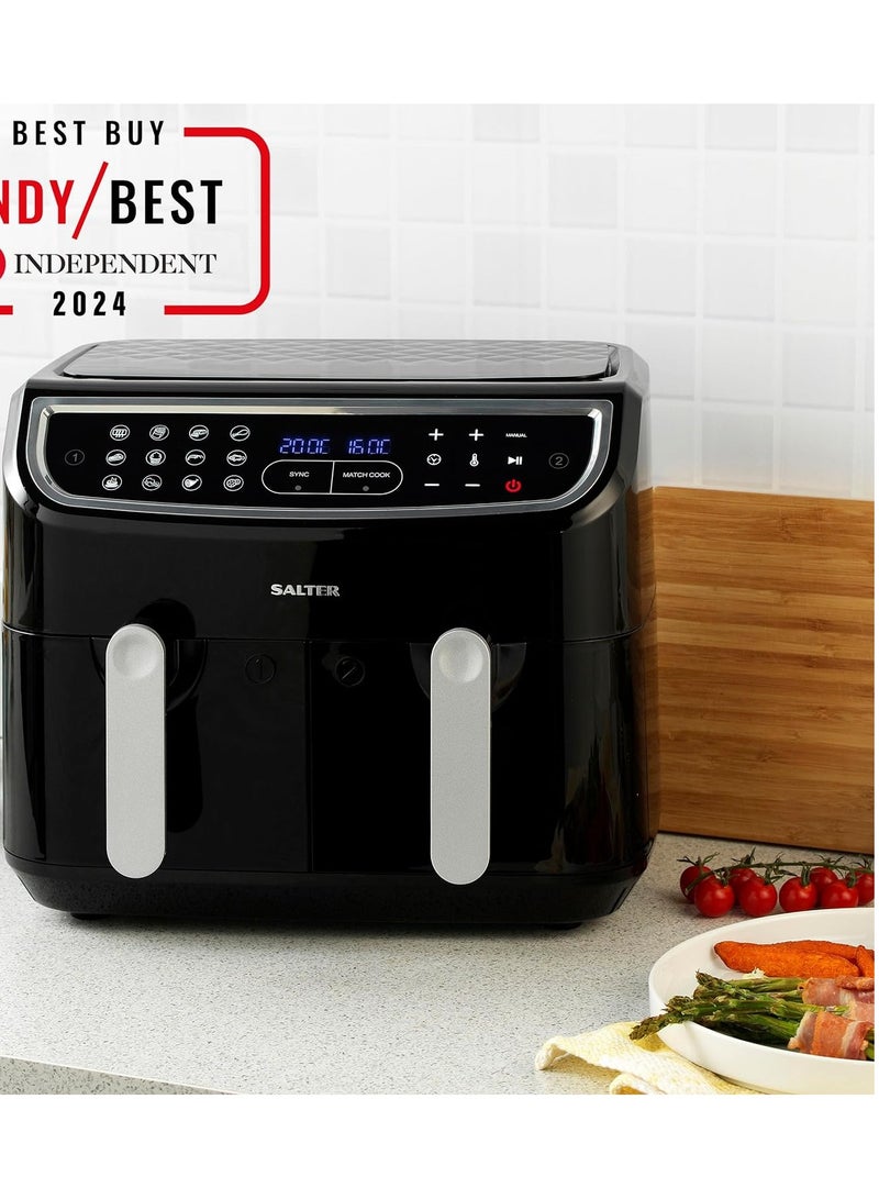 Salter Dual Air Fryer - Double Drawer, 2 Non-Stick Cooking Trays, Sync & Match Cook Function, Independent Cooking, 8.2L, Sensor Touch Display, 12 Presets, Oil Free, 2200W-2600W,