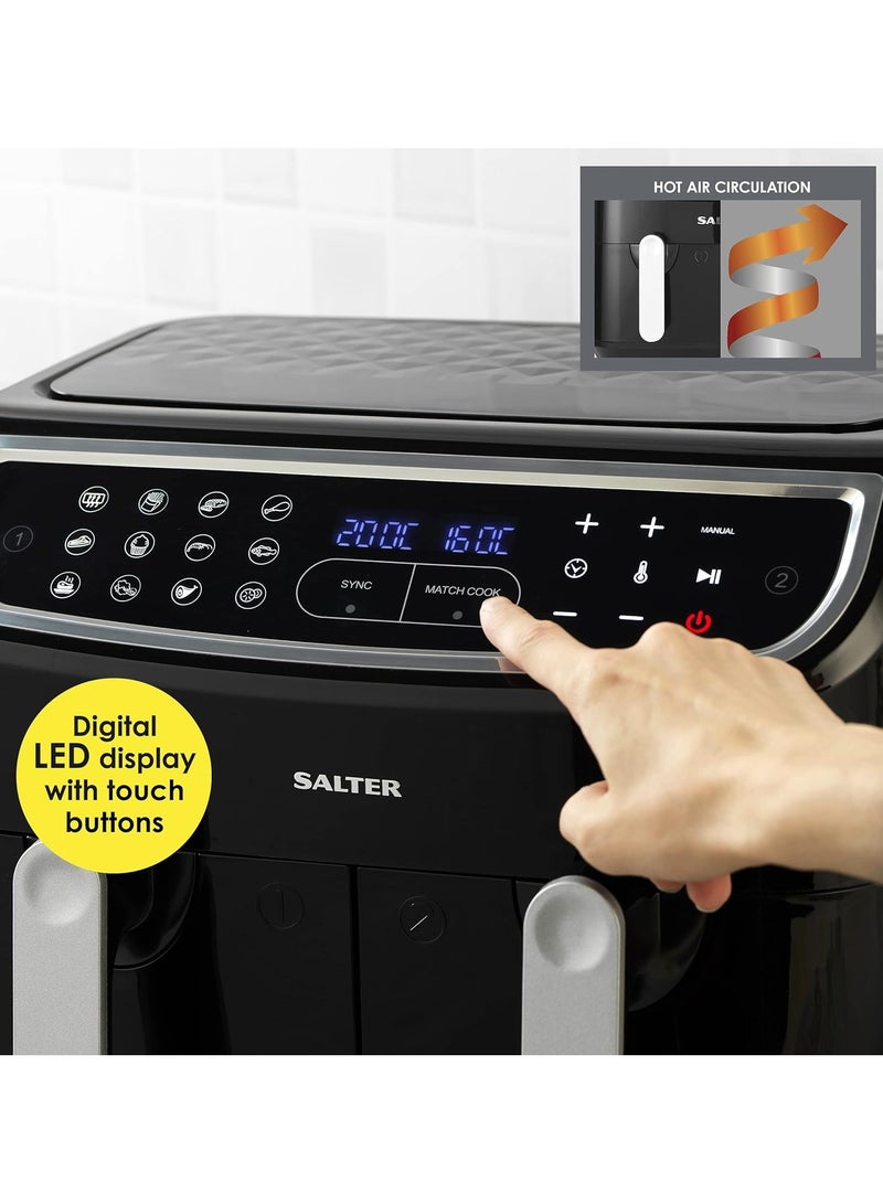 Salter Dual Air Fryer - Double Drawer, 2 Non-Stick Cooking Trays, Sync & Match Cook Function, Independent Cooking, 8.2L, Sensor Touch Display, 12 Presets, Oil Free, 2200W-2600W,