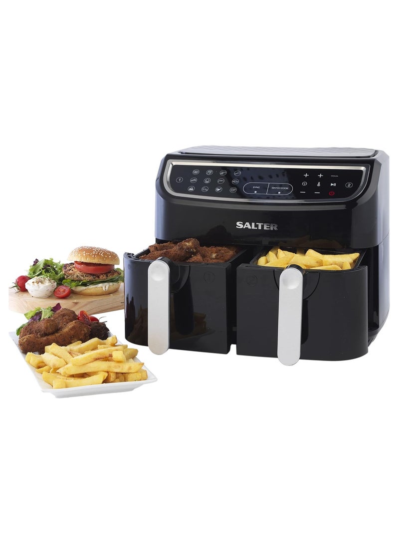 Salter Dual Air Fryer - Double Drawer, 2 Non-Stick Cooking Trays, Sync & Match Cook Function, Independent Cooking, 8.2L, Sensor Touch Display, 12 Presets, Oil Free, 2200W-2600W,