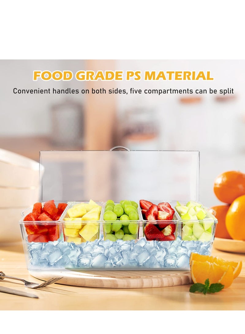 5 Condiment Tray Server Ice Chilled Compartment Container Organizer with Hinged Lid Cooled Condiment Tray with Removable Dishes for Salad Fruit Cheese BBQ Picnic Outdoor Party Bar Supplies