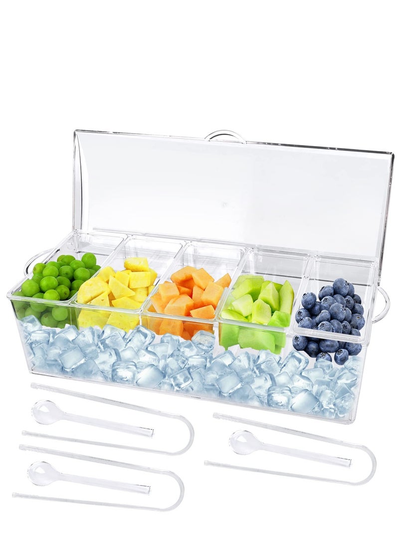 5 Condiment Tray Server Ice Chilled Compartment Container Organizer with Hinged Lid Cooled Condiment Tray with Removable Dishes for Salad Fruit Cheese BBQ Picnic Outdoor Party Bar Supplies