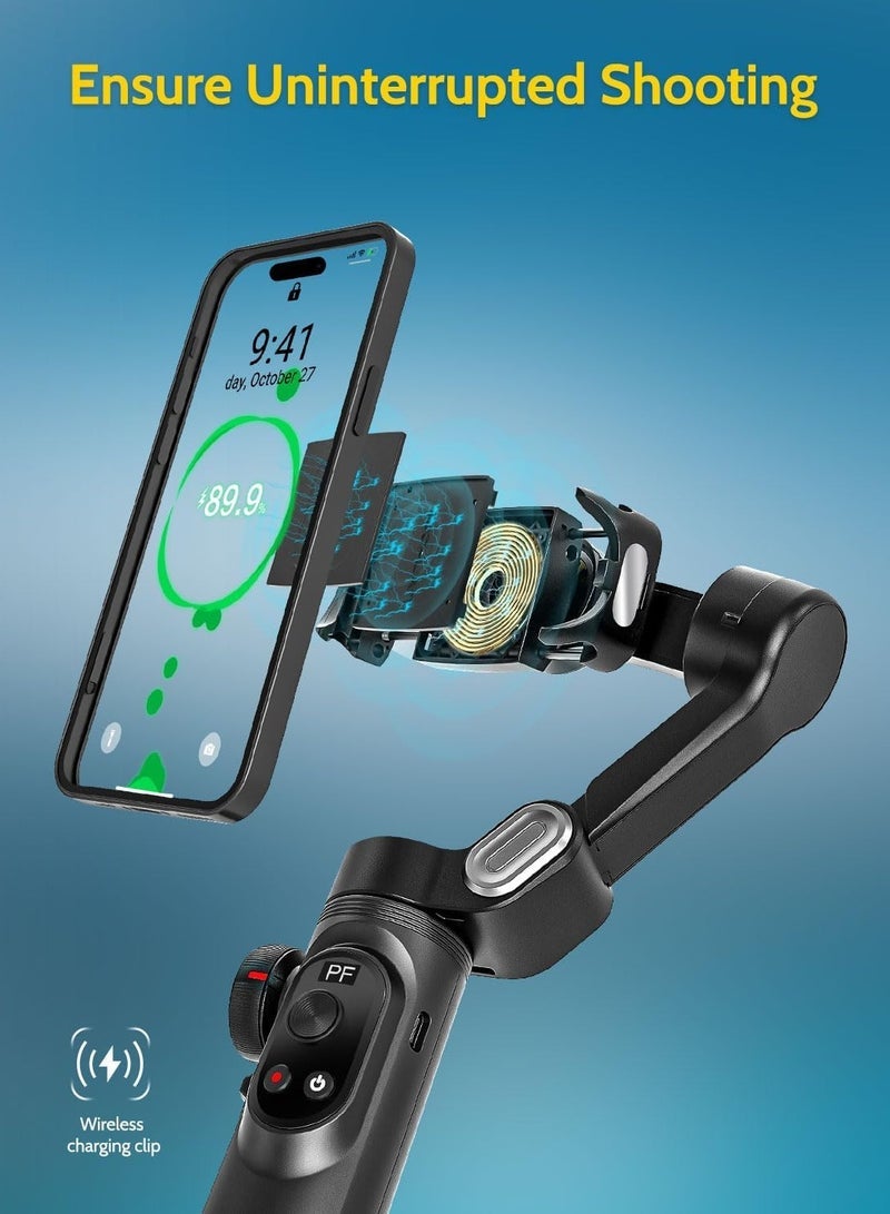 AOCHUAN X PRO Gimbal Stabilizer for Smartphone, Gimbal w/Wireless Charging iPhone Gimbal for iPhone 15 Pro Max/Android Foldable 3-Axis Handheld Phone Gimbal for Video Recording Face Tracking (Black)