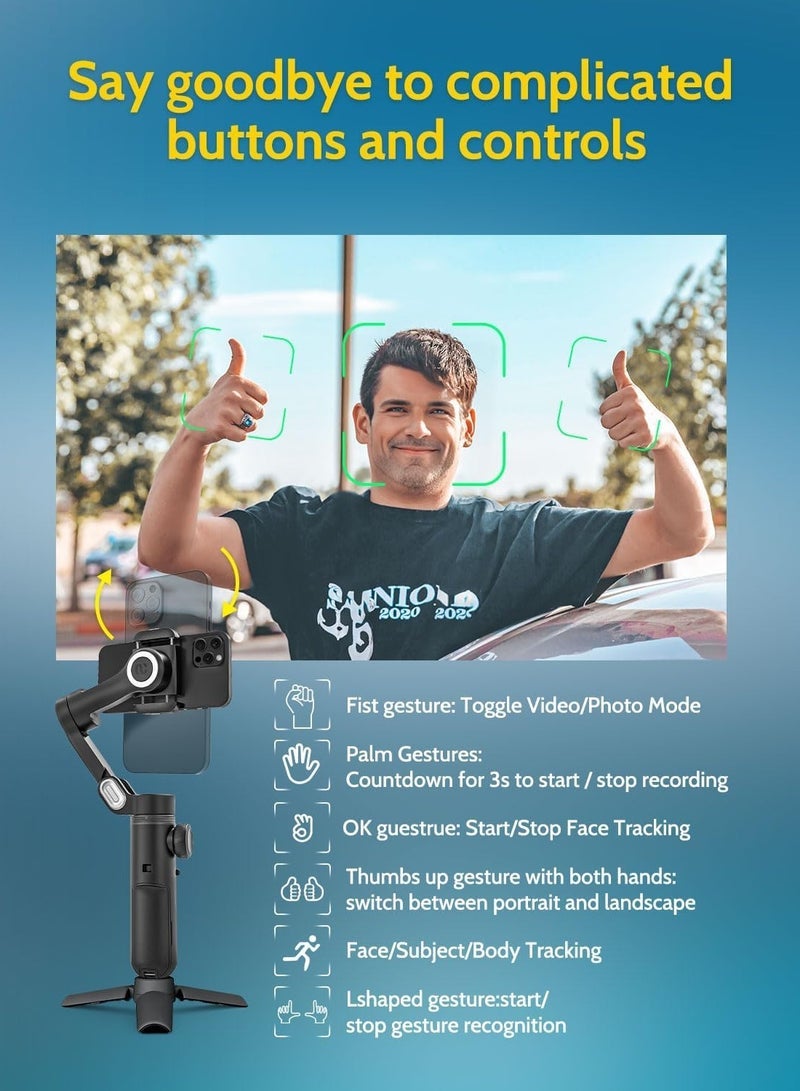 AOCHUAN X PRO Gimbal Stabilizer for Smartphone, Gimbal w/Wireless Charging iPhone Gimbal for iPhone 15 Pro Max/Android Foldable 3-Axis Handheld Phone Gimbal for Video Recording Face Tracking (Black)