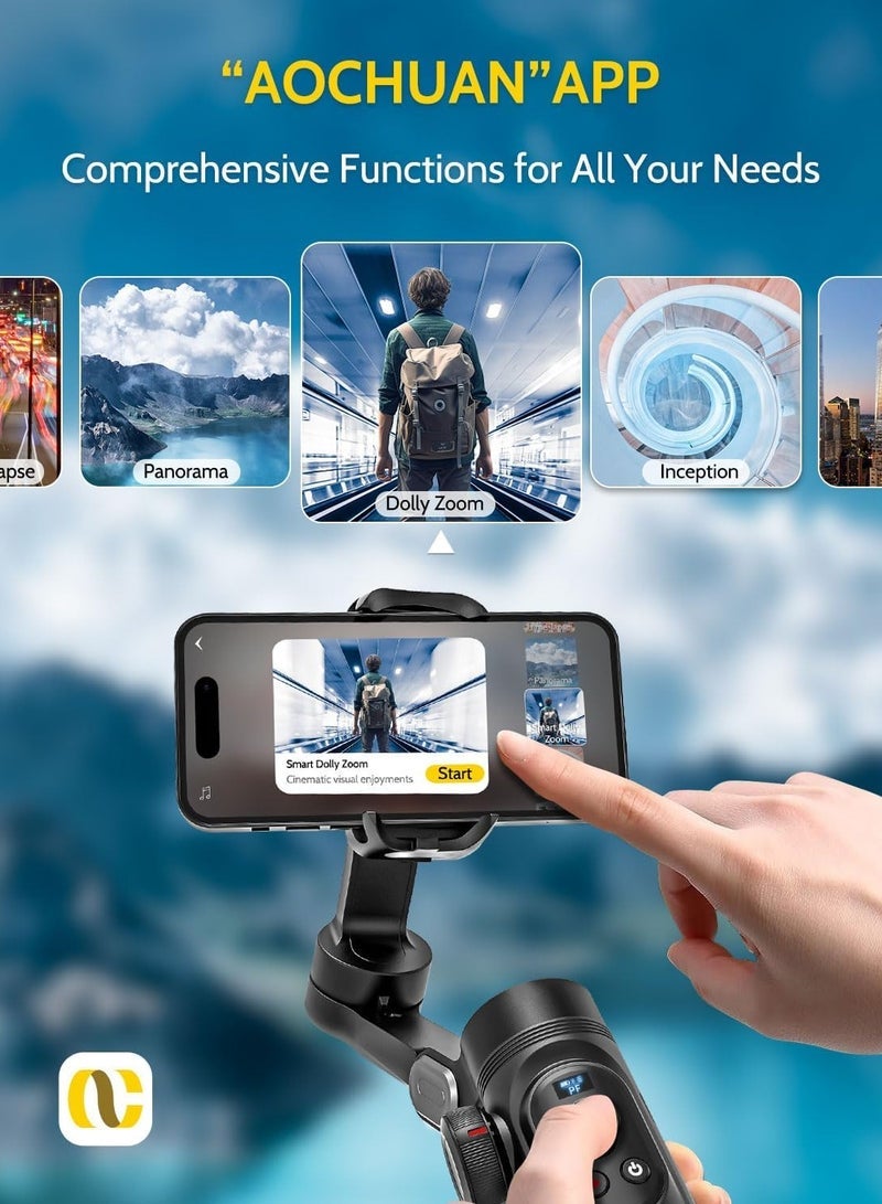 AOCHUAN X PRO Gimbal Stabilizer for Smartphone, Gimbal w/Wireless Charging iPhone Gimbal for iPhone 15 Pro Max/Android Foldable 3-Axis Handheld Phone Gimbal for Video Recording Face Tracking (Black)